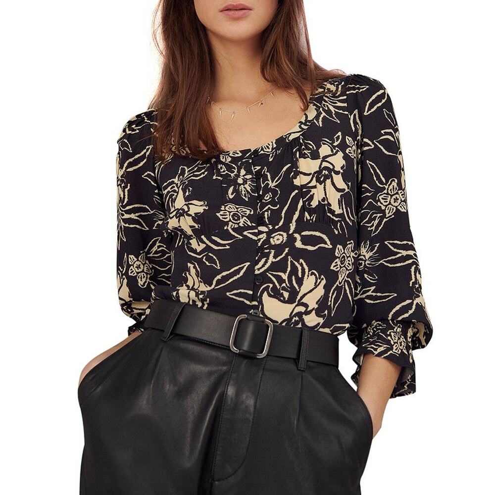 Ba&Sh 'Sessee' Black Floral Print Three Quarter Sleeve U Neck Button Blouse